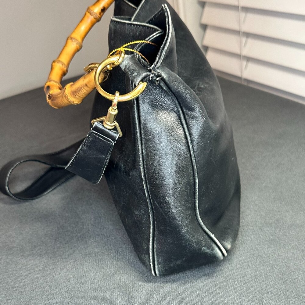 🖤 GUCCI BLACK LEATHER SHOULDER BAG W/ BAMBOO HANDLE & STRAP - VINTAGE 🖤 - Picture 5 of 10